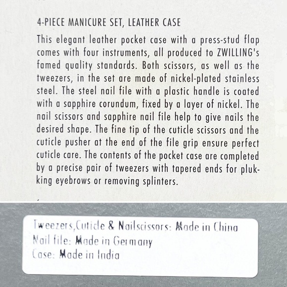 Zwilling Classic 4-PC Manicure Set Scissors Tweezers Nail File Leather Case New - Picture 4 of 6